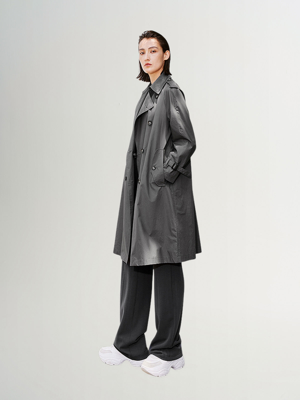 Grey cotton trench coat, double-breasted