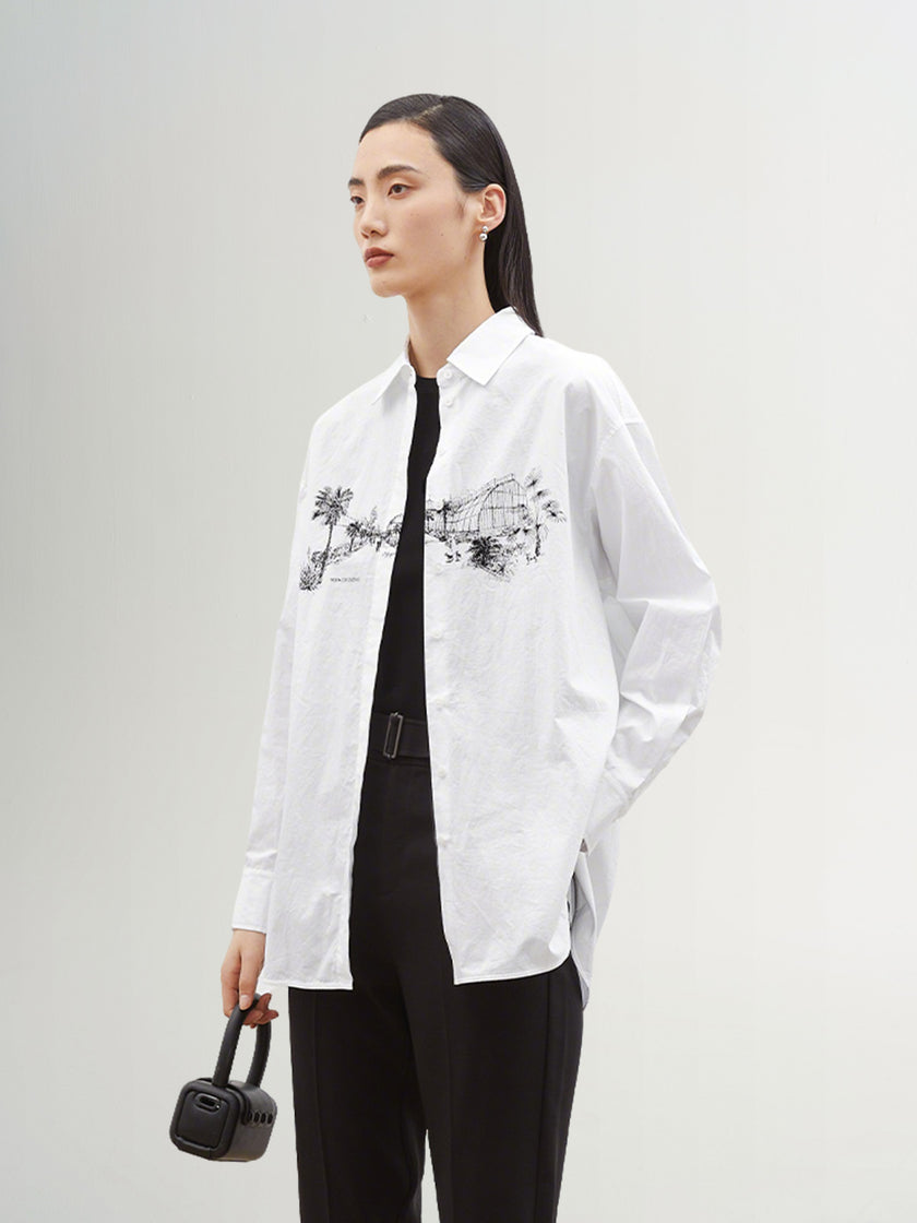 Women's White Classic Collar Pattern Long Sleeve Shirt