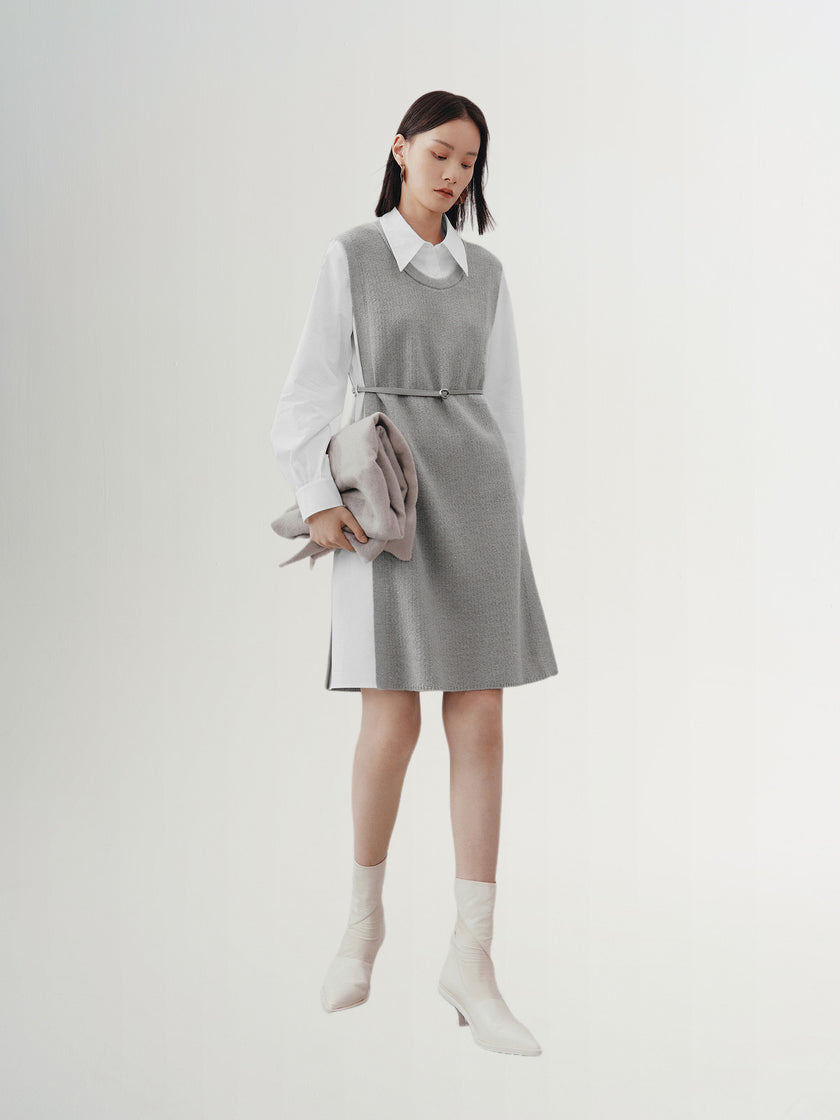 Women's Gray Whit Floral Classic Collar Long Sleeve Belted Splicing Dress