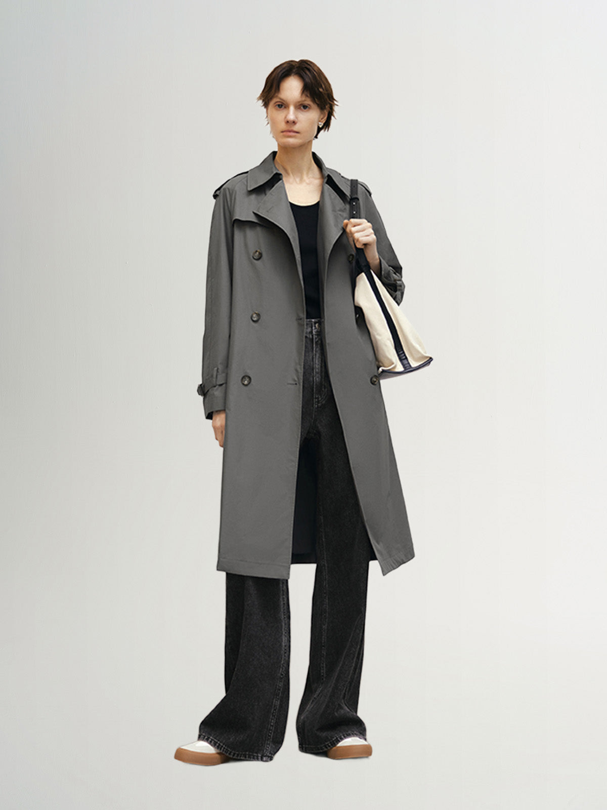 Smoke gray winter coat with collar, double breasted