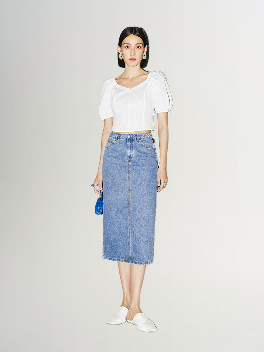 Blue denim straight skirt with slit