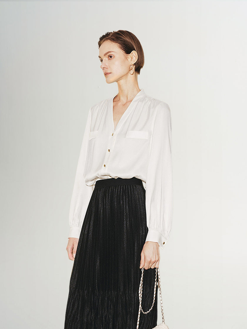 Women's White Silk V Neck Long Sleeve Premium Shirt