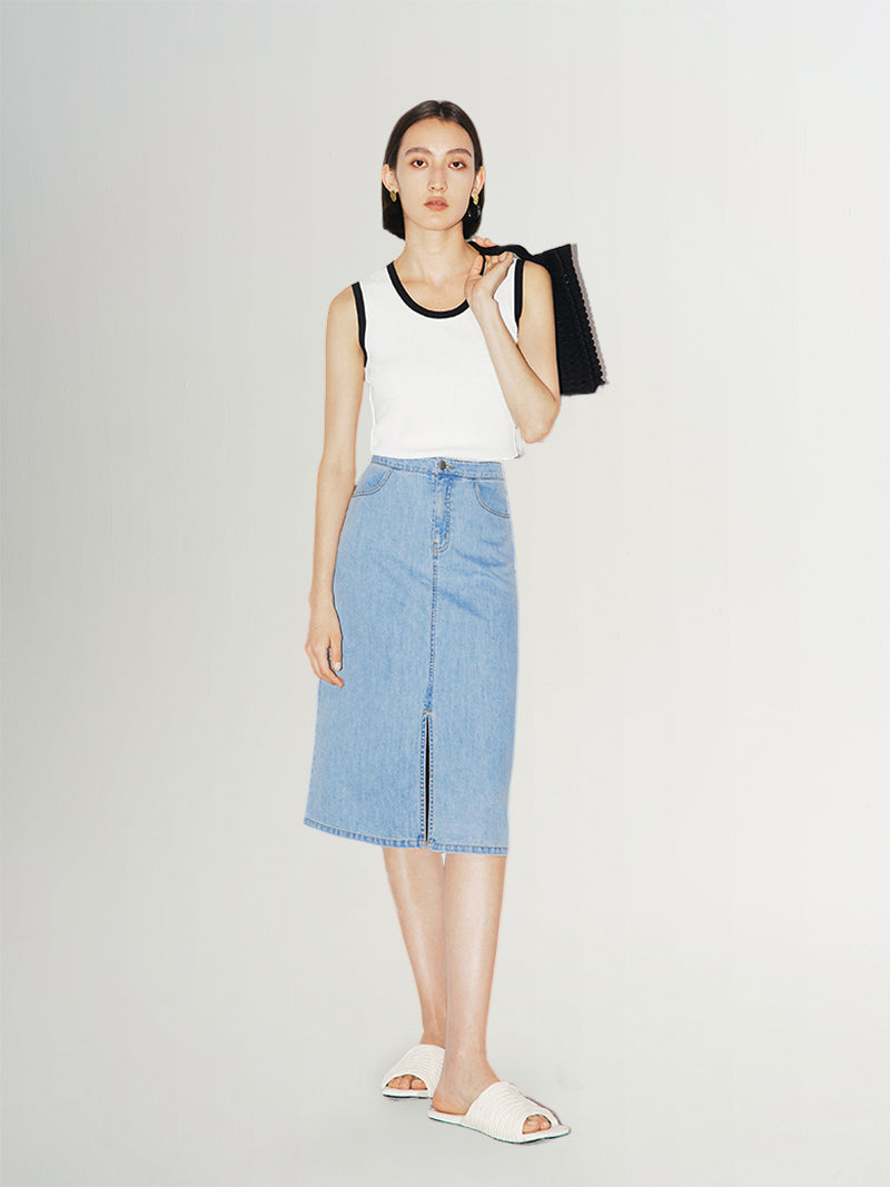 Blue denim mid-length straight skirt with shirring