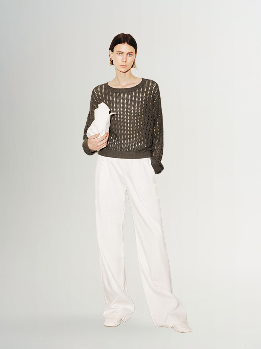 Women's brown ribbed knitted crew neck sweater,