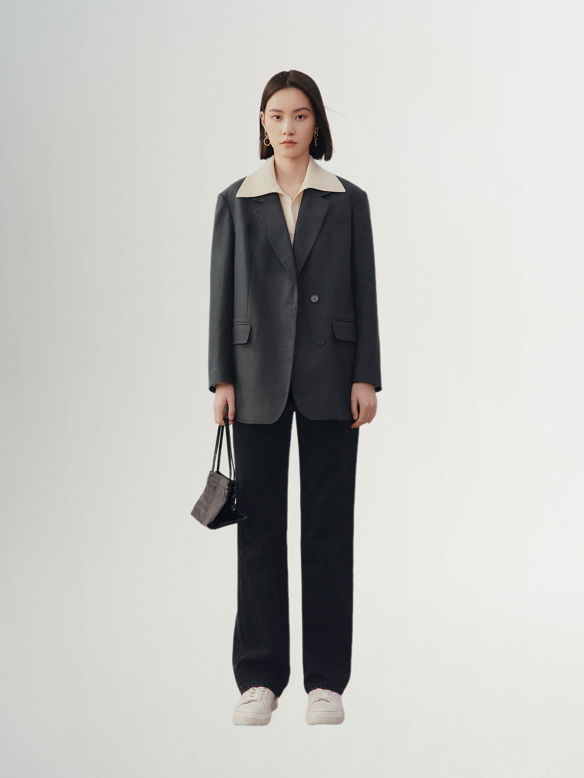 Women's Grey Notch Lapel Long Sleeves Blazer Jacket