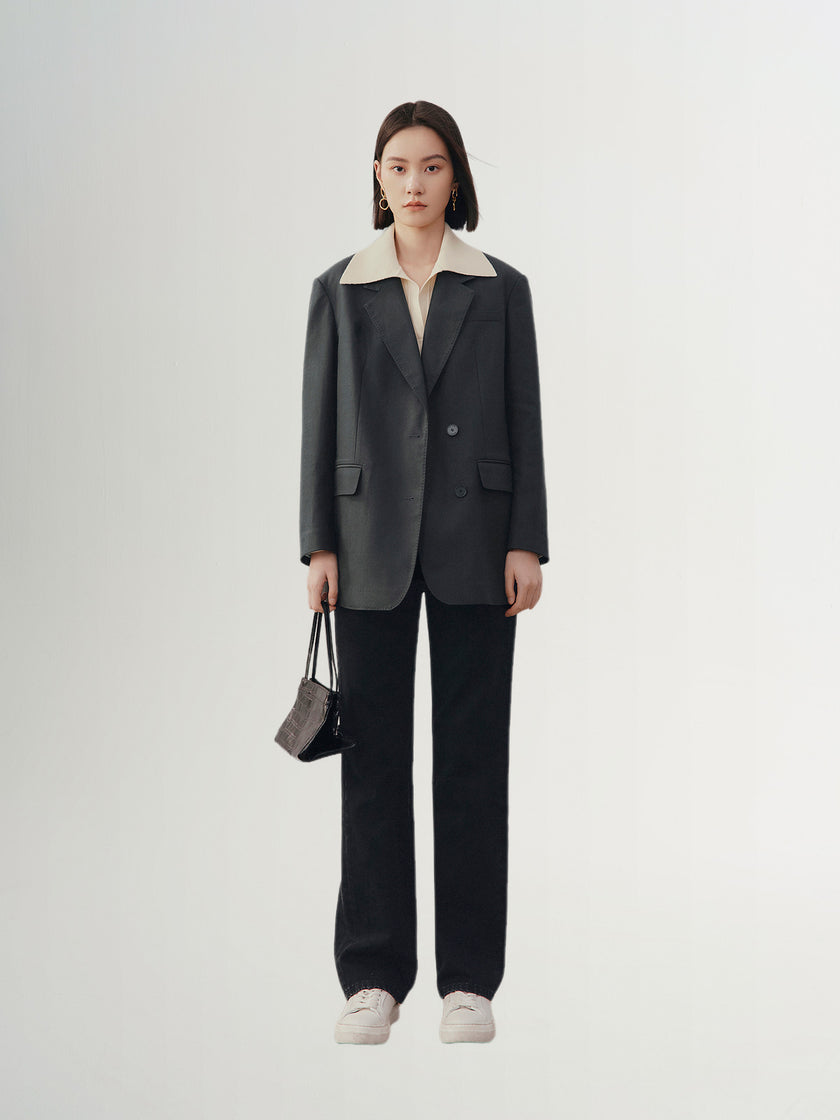 Women's Grey Notch Lapel Long Sleeves Blazer Jacket