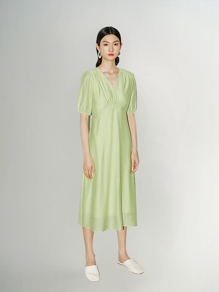 Women's Light Green V Neck Short Sleeves Shirring Smocking Design Dress