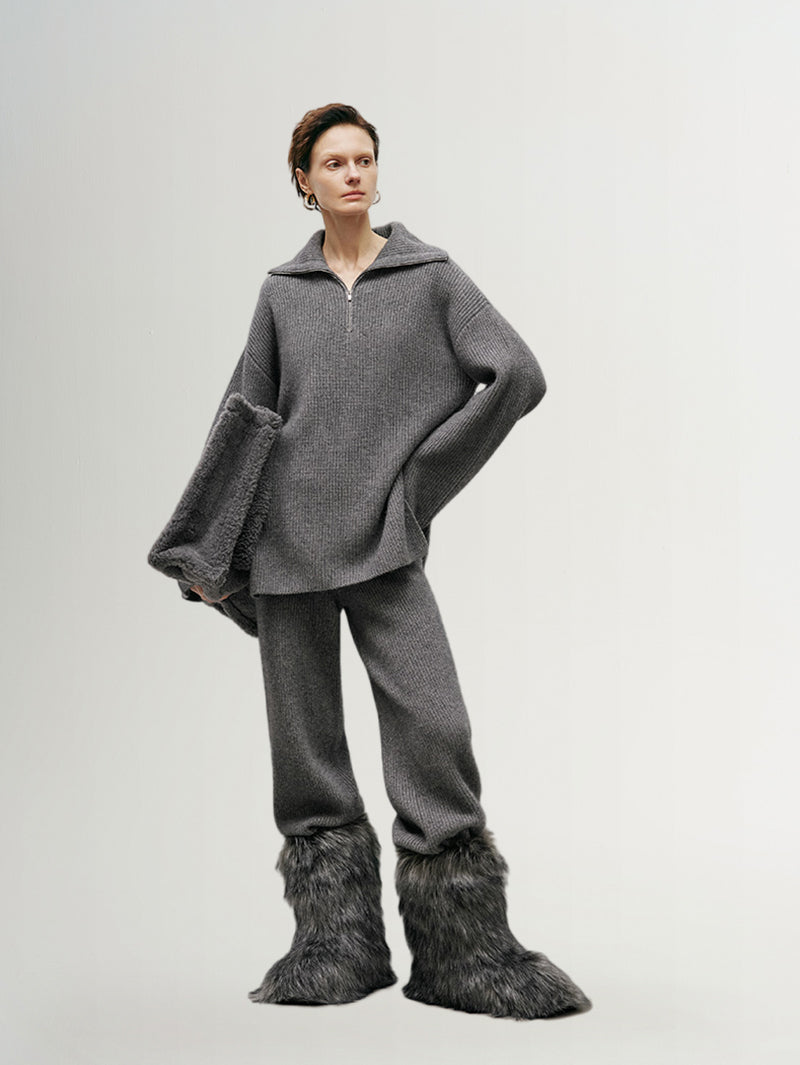 Women's Gray Wide Leg 100% Wool Knitted Pants