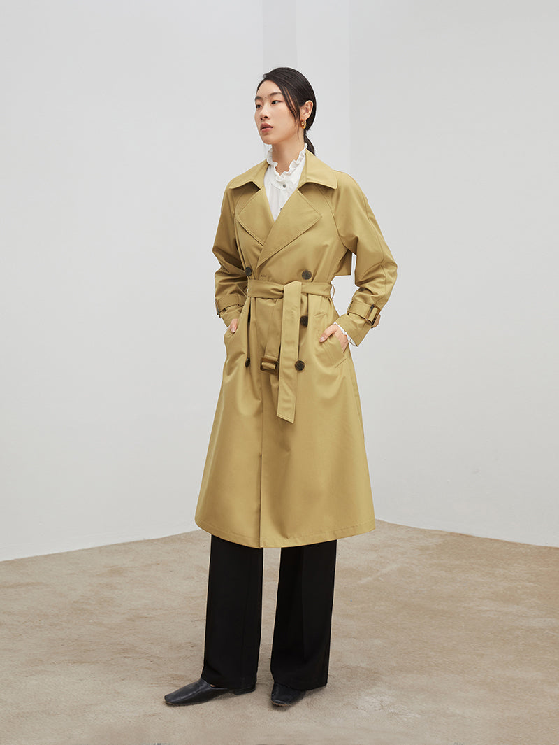 Women's Khaki Double Breasted Sheep Wool Trench Coat with Belt