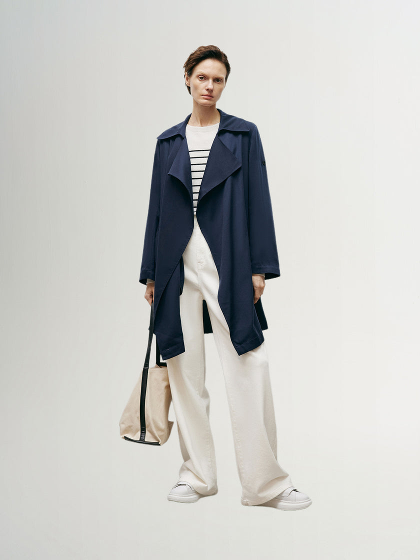 Women's Navy Blue Breasted Belted Trench Coat