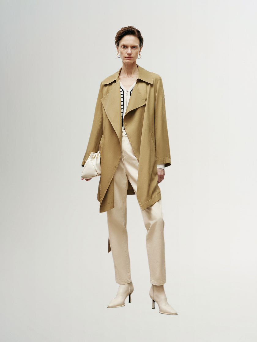 Women's Khaki Lapel Double Breasted Trench Coat with Belt