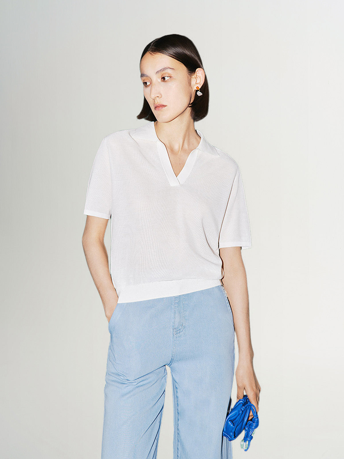 Women's White Polo V Neck Short Sleeve Knitwear Top