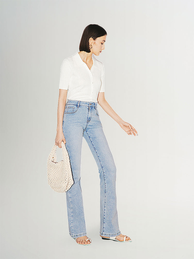 Women's White Polo Neck Short Sleeves Knit Top