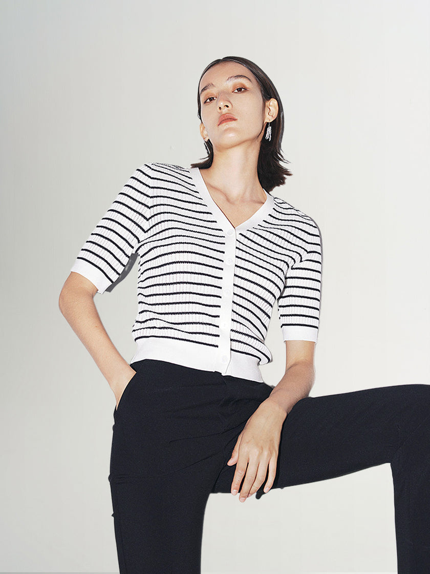 Women's White Black Stripes V Neck Short Sleeve Acetate Knitwear Top