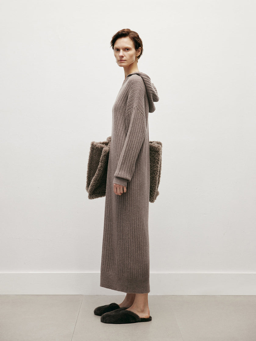 Women's Sandstone Brown Round Neck Loose Fit Wool Jersey Dress