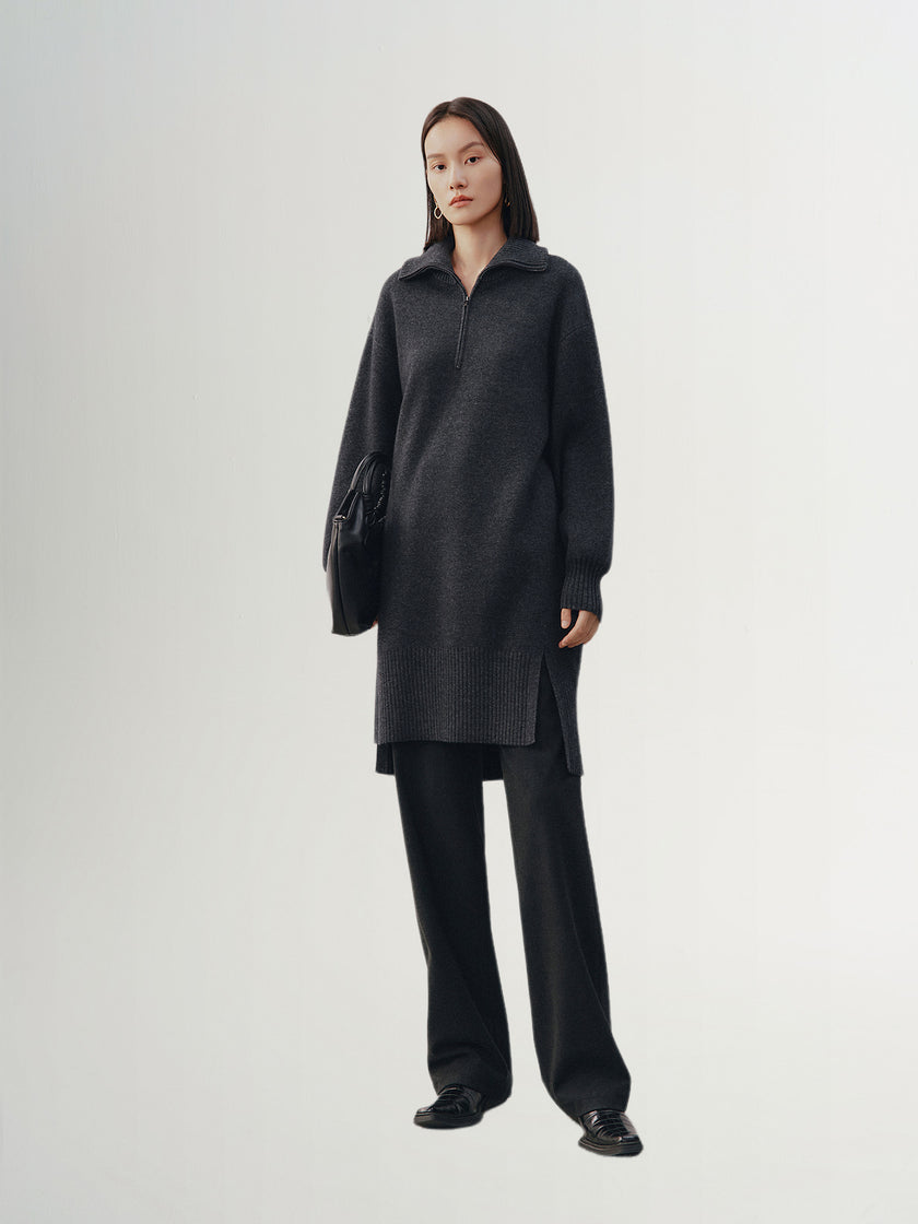 Women's Gray Stand Collar Straight Fit Winter Wool Dress