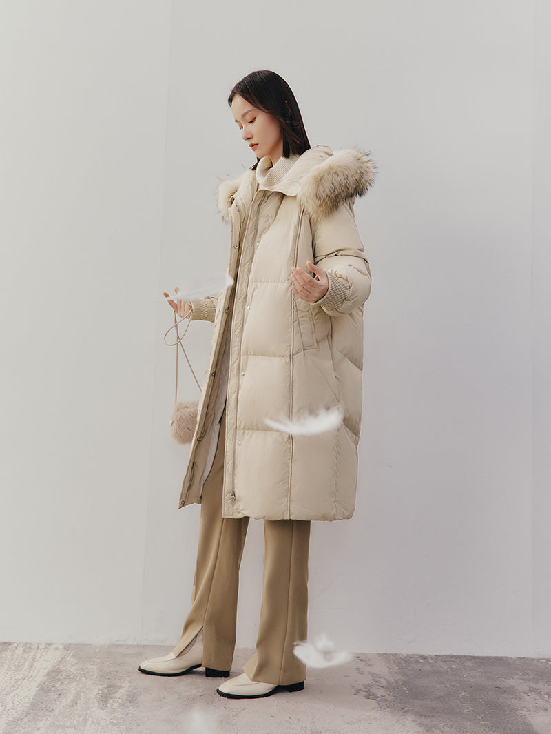 Women's Khaki Hooded Long Length Down Jackets
