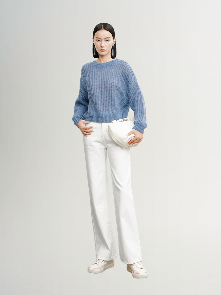 White cotton wide leg denim jeans