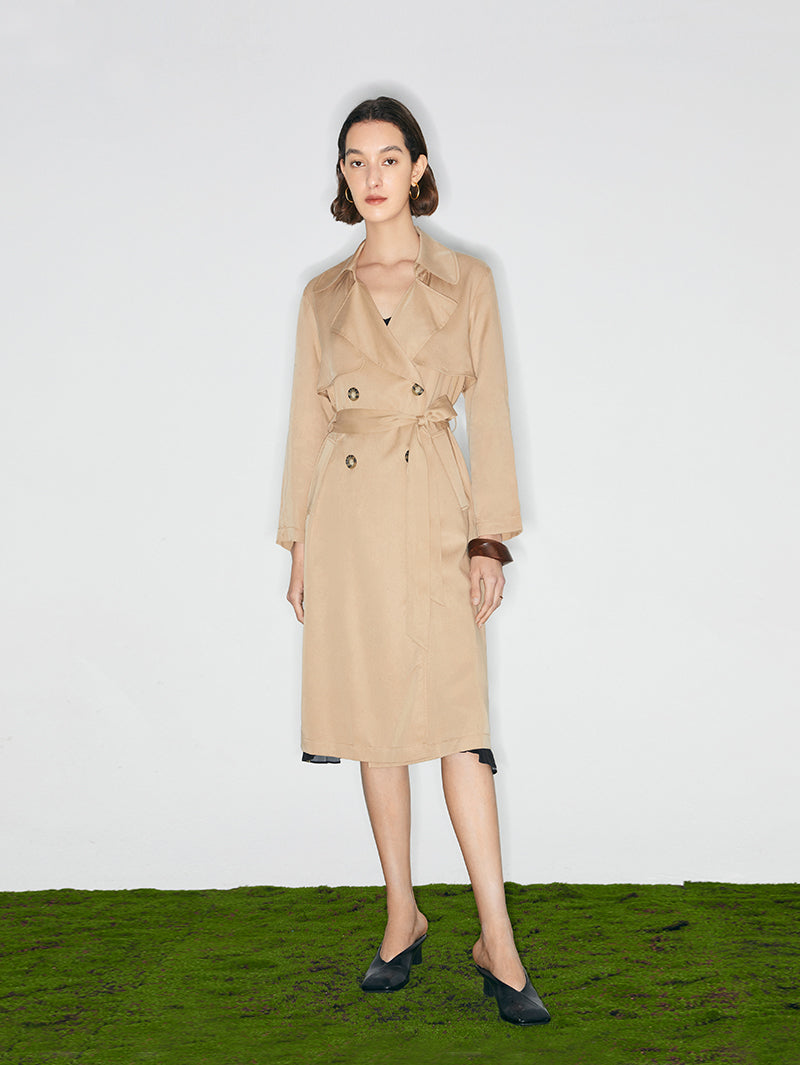 Women's Khaki Double Breasted Long Trench Coat with Belt