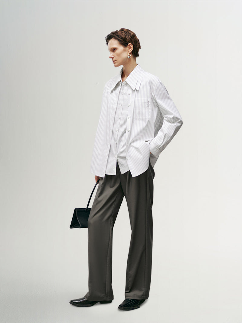 White striped shirt with classic collar and long sleeves with button-down
