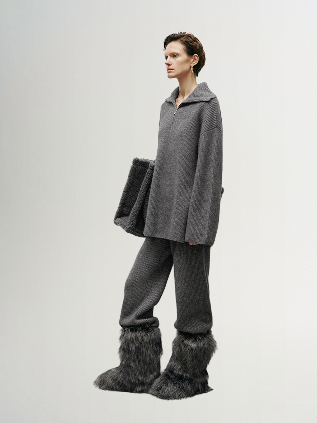 Women's Gray Zipper Lapel Design Sheep Wool Sweater