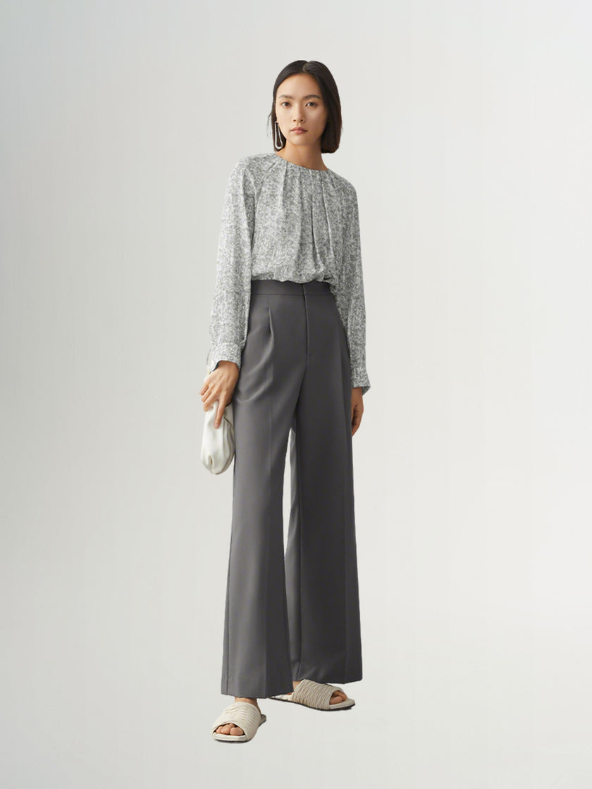 Women's Grey Round Neck Long Sleeves Blouse