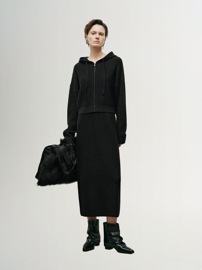 Black and shiny long knitted skirt