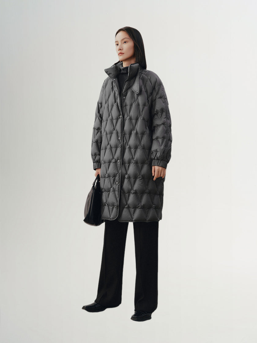 Women's Gray Warm Goose Puffer Long Hooded Jacket with Belt