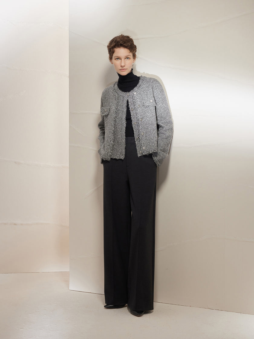Gray Round Neck Long Sleeve Knit Cardigan