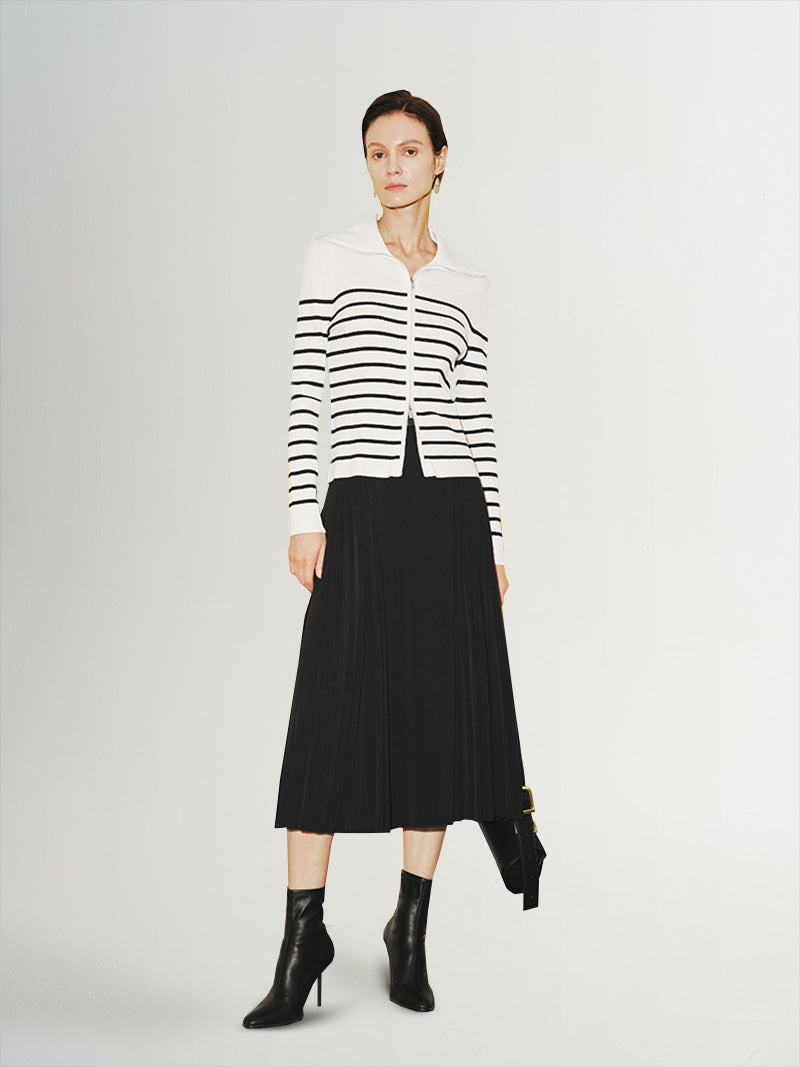 Black and white striped long sleeve zip-up knit jacket
