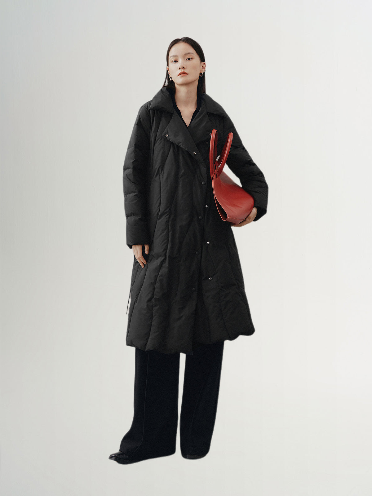 Black goose down jacket with hood and lapel collar