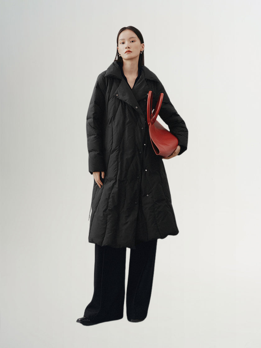 Black goose down jacket with hood and lapel collar