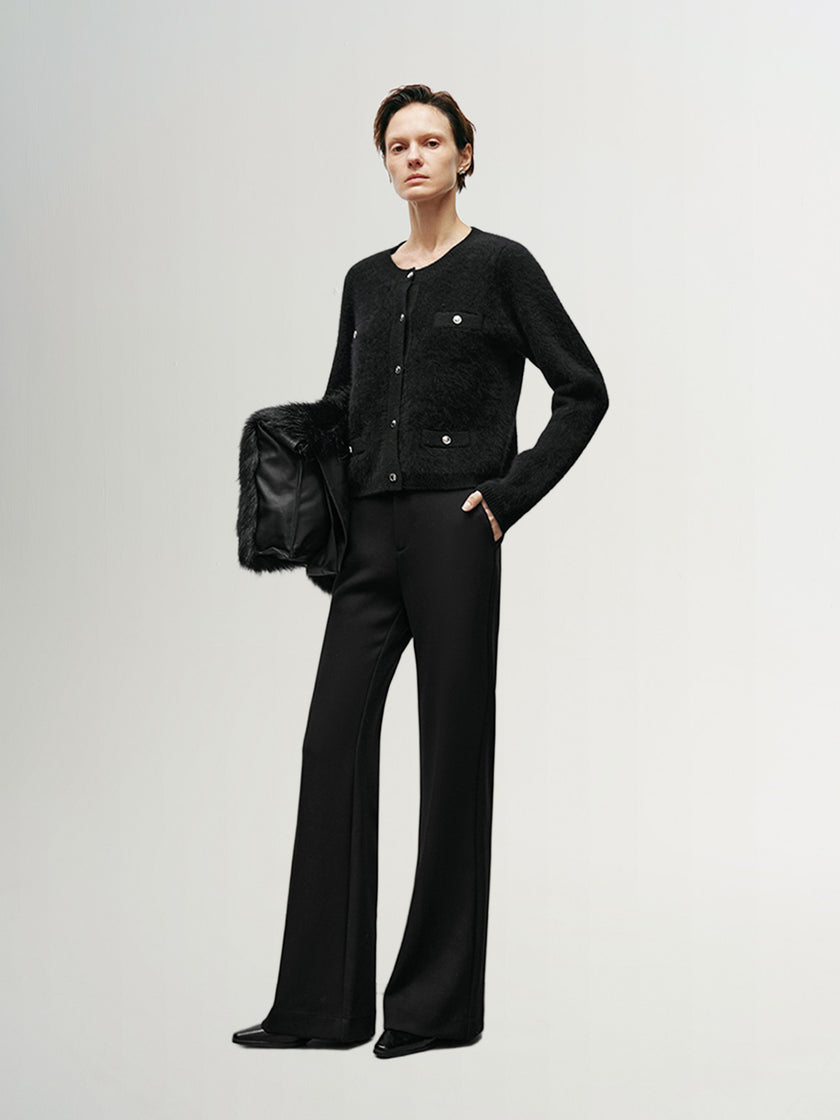 Black wool knit cardigan with round neck and buttons