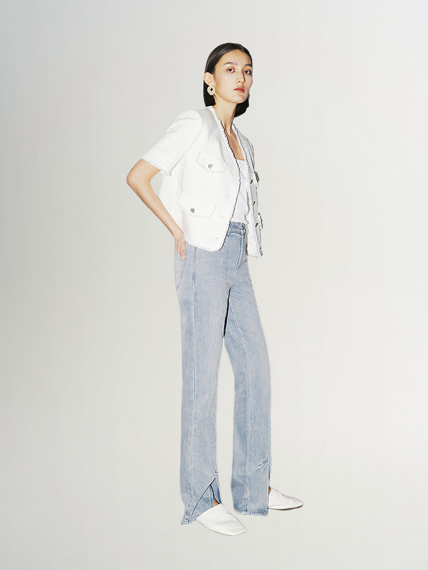 Women's Original White V Neck Texture Fringes Shoulder Pad Short Jacket