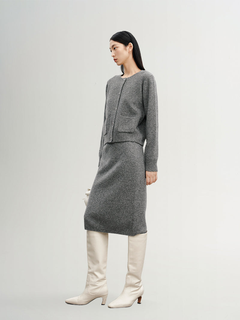 Women's Gray Round Neck Wool Button Down Cardigan Sweater