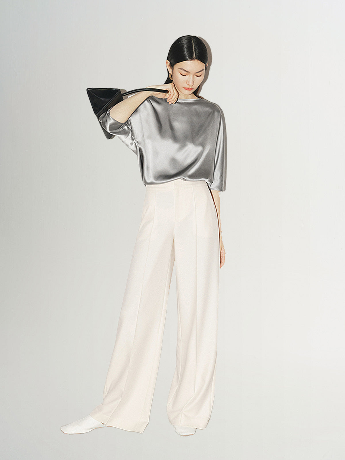 Women's Light Gray Classic Collar Long Sleeve Silk Blouse