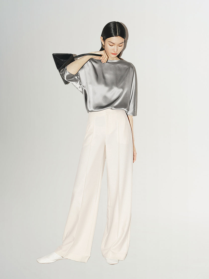 Women's Light Gray Classic Collar Long Sleeve Silk Blouse