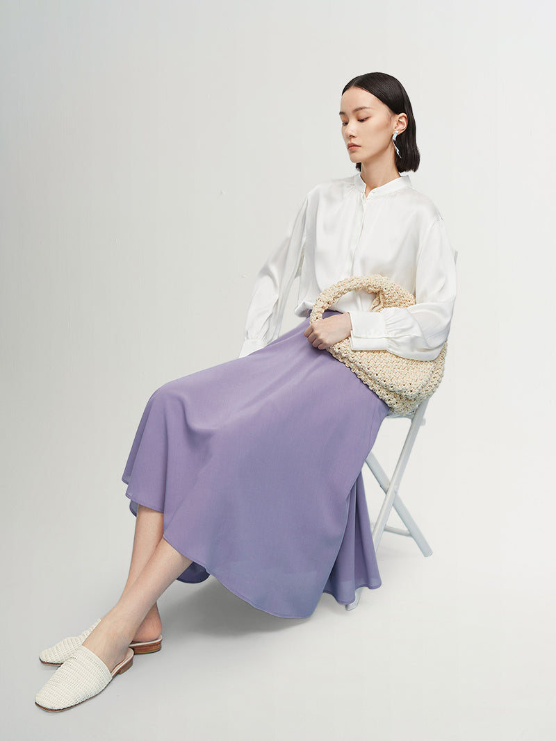 Women's White Silk Blouse with Round Neck and Long Sleeves