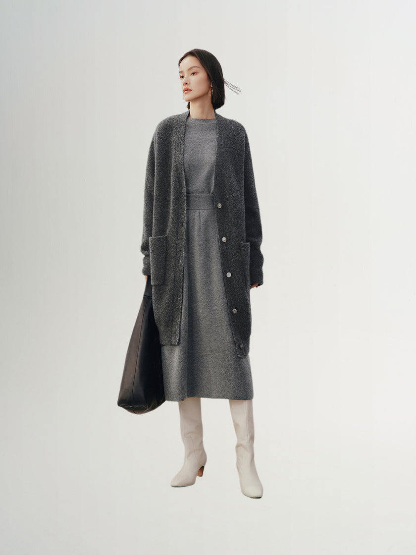 Dark gray sheepskin cardigan with puffed sleeves and V-neck