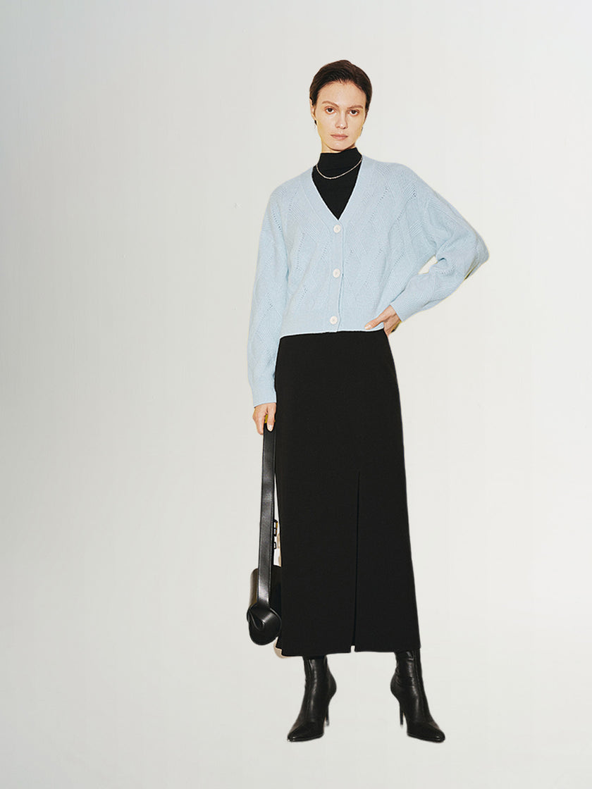 Women's Light Blue V Neck Rib Wool Knit Cardigan