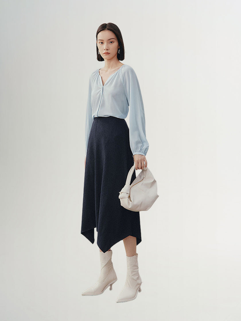 Women's Light Blue Pleat V Neck Long Sleeve Silk Shirt