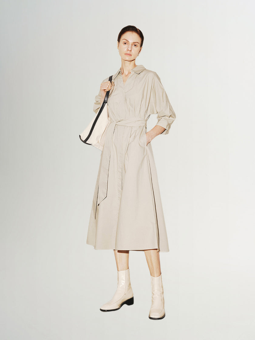 Beige cotton round neck dress