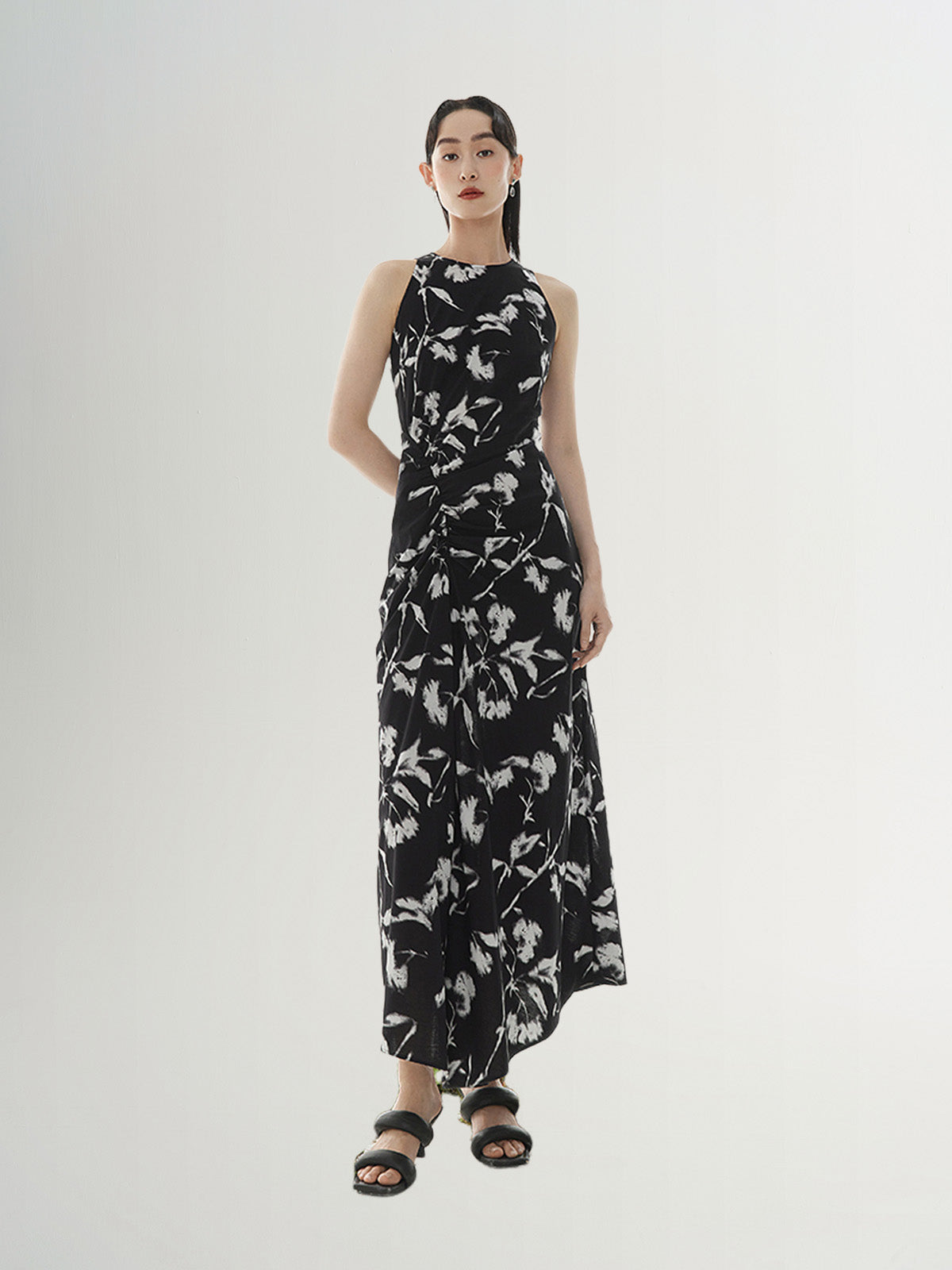 Black floral print halter neck dress