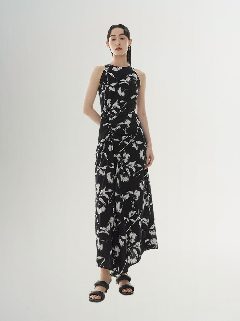 Black floral print halter neck dress
