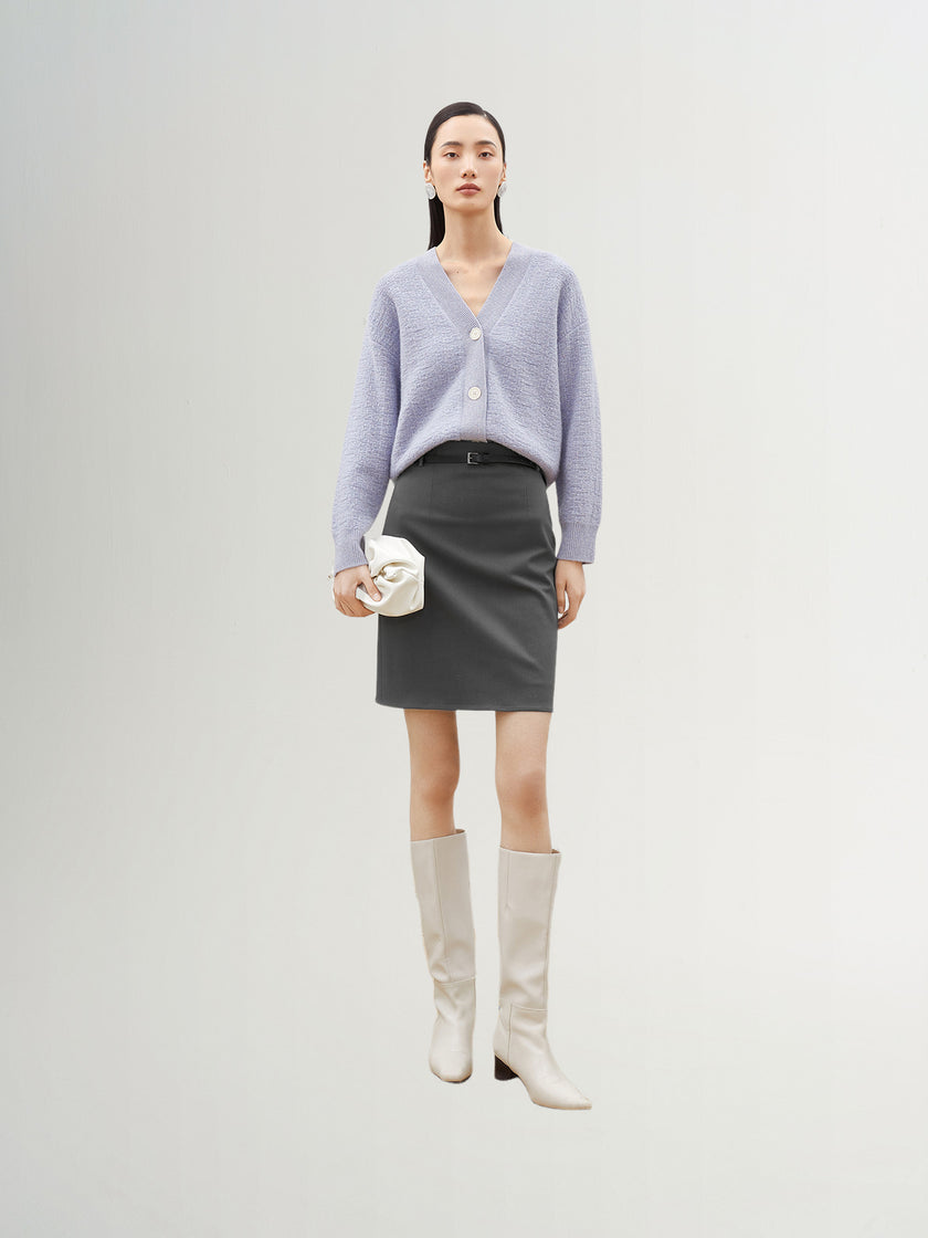 Women's Lavender V Neck Loose Fit Wool Cardigan Sweater