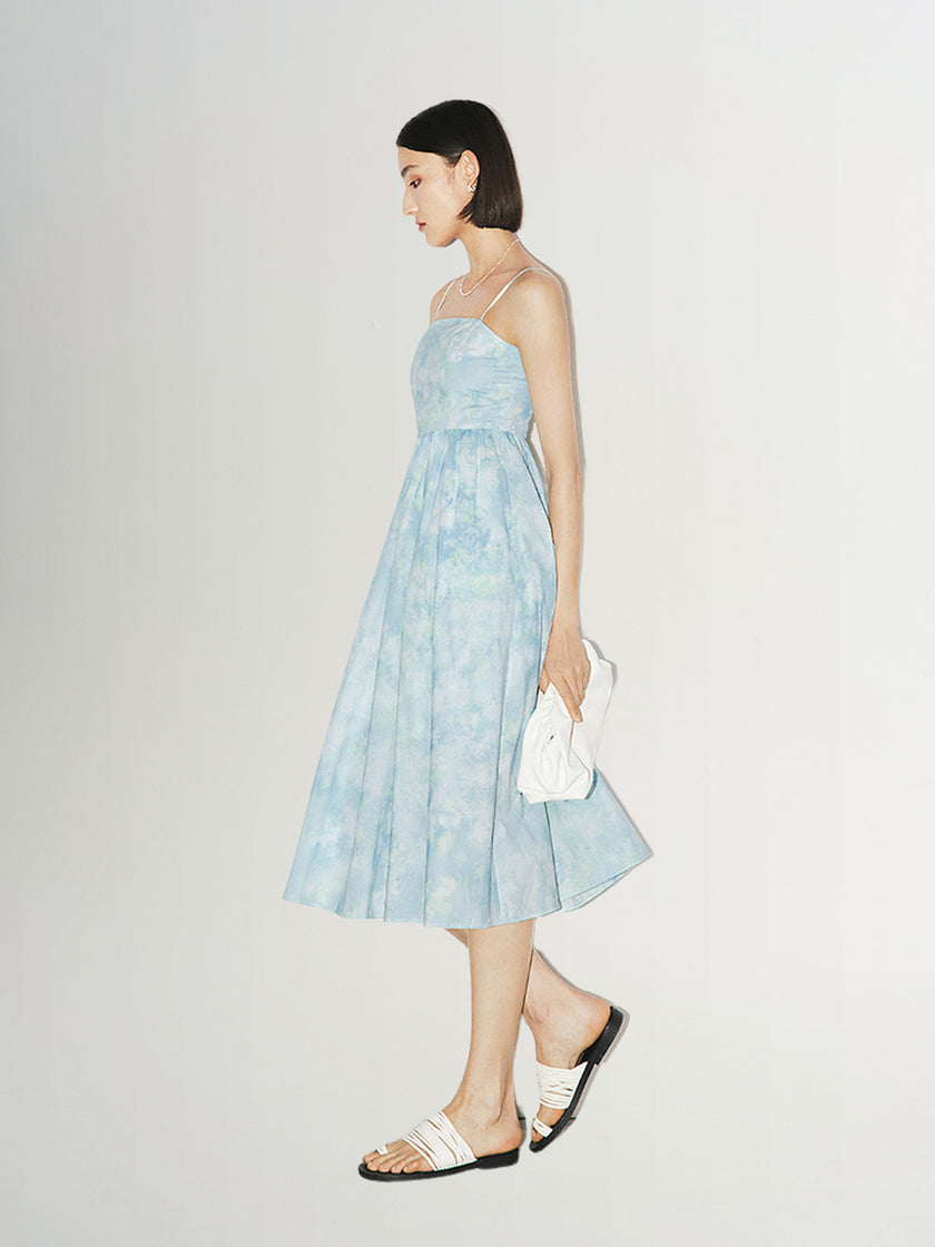 Blue slip dress with sky pattern in 100% cotton