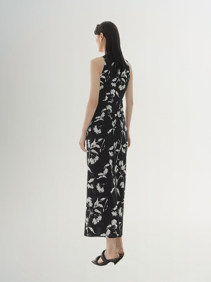 Black floral print halter neck dress