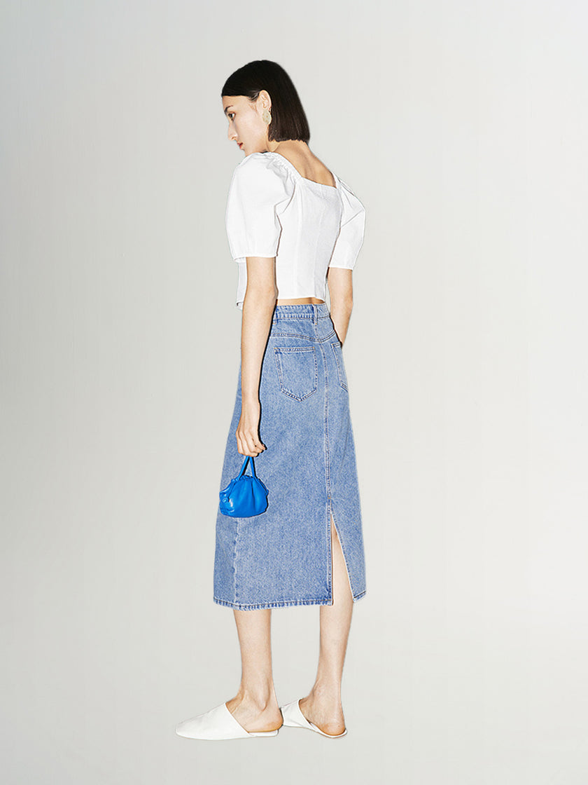 Blue denim straight skirt with slit