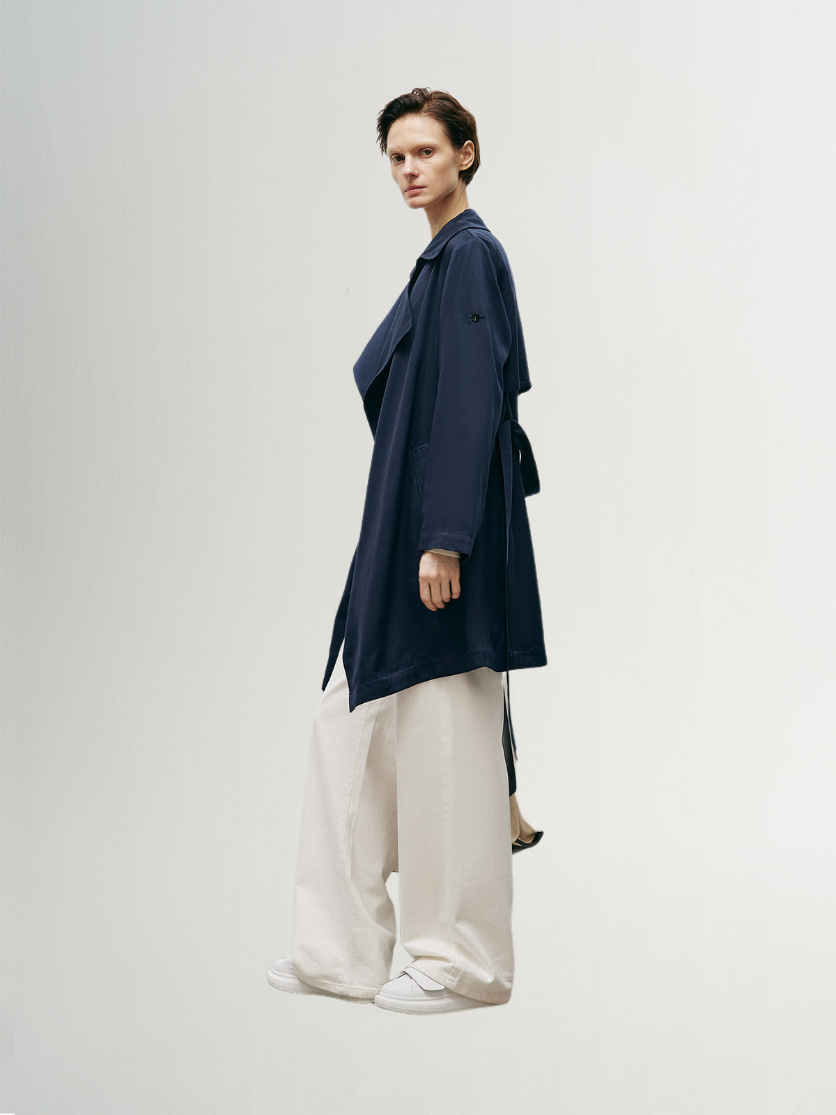 Women's Navy Blue Breasted Belted Trench Coat