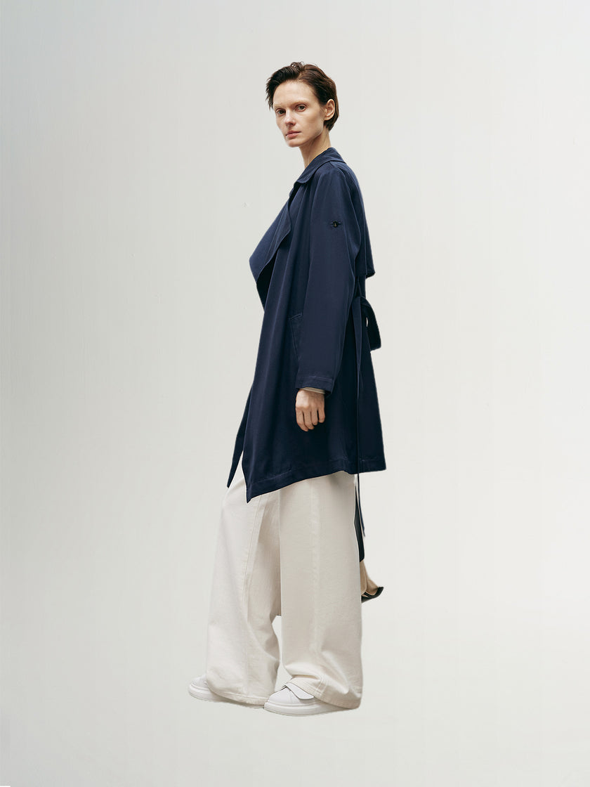 Women's Navy Blue Breasted Belted Trench Coat